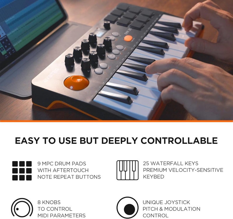 HXW Portable Bluetooth MIDI Keyboard Controller, With 25 Key, 9 Backlit Beat Pads, OLED Display, 8 Knobs, Software Included, USB Powered/Battery Operation - Image 2